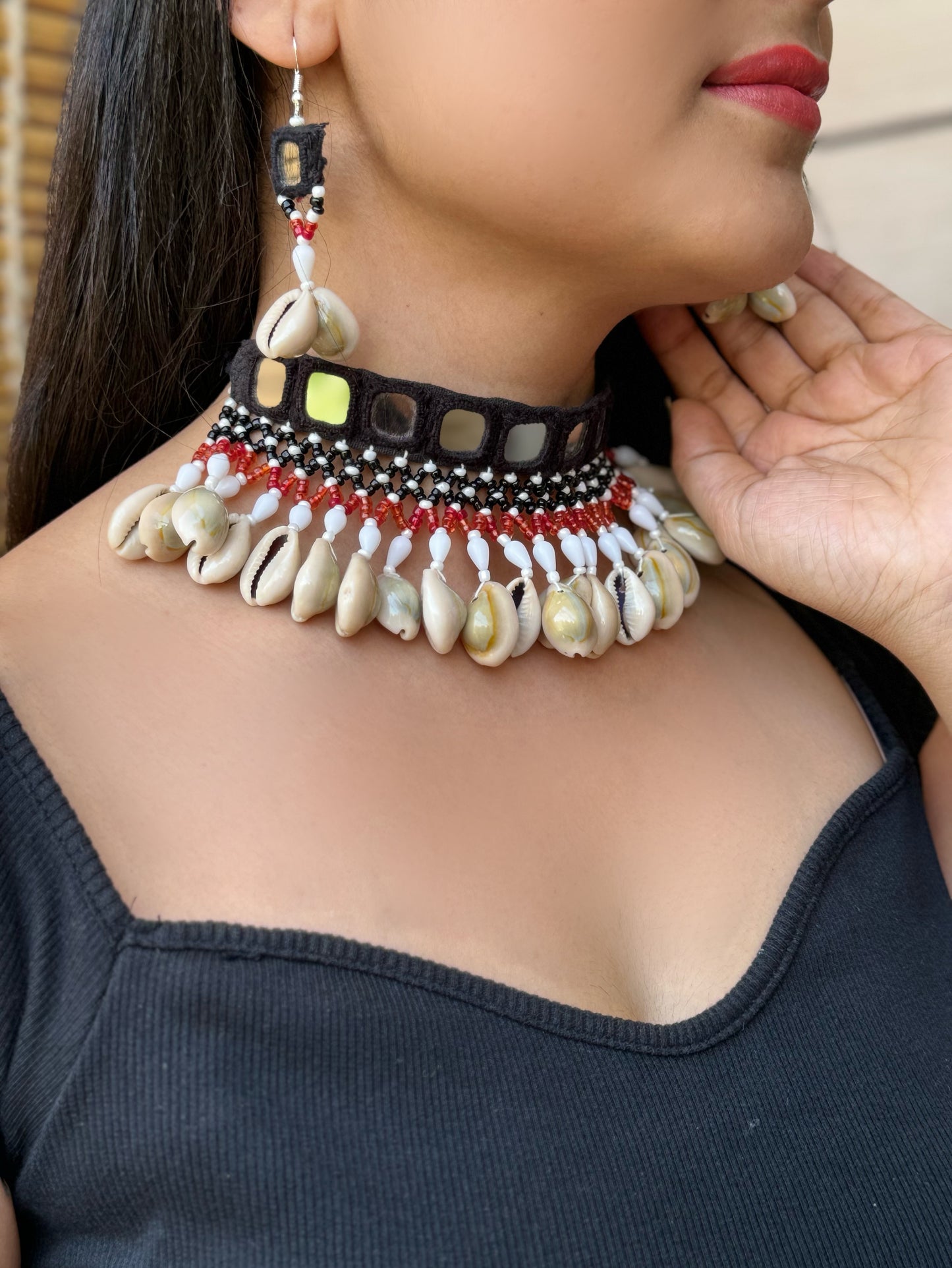 Amola Mirrorwork Fabric Choker + Earrings Set