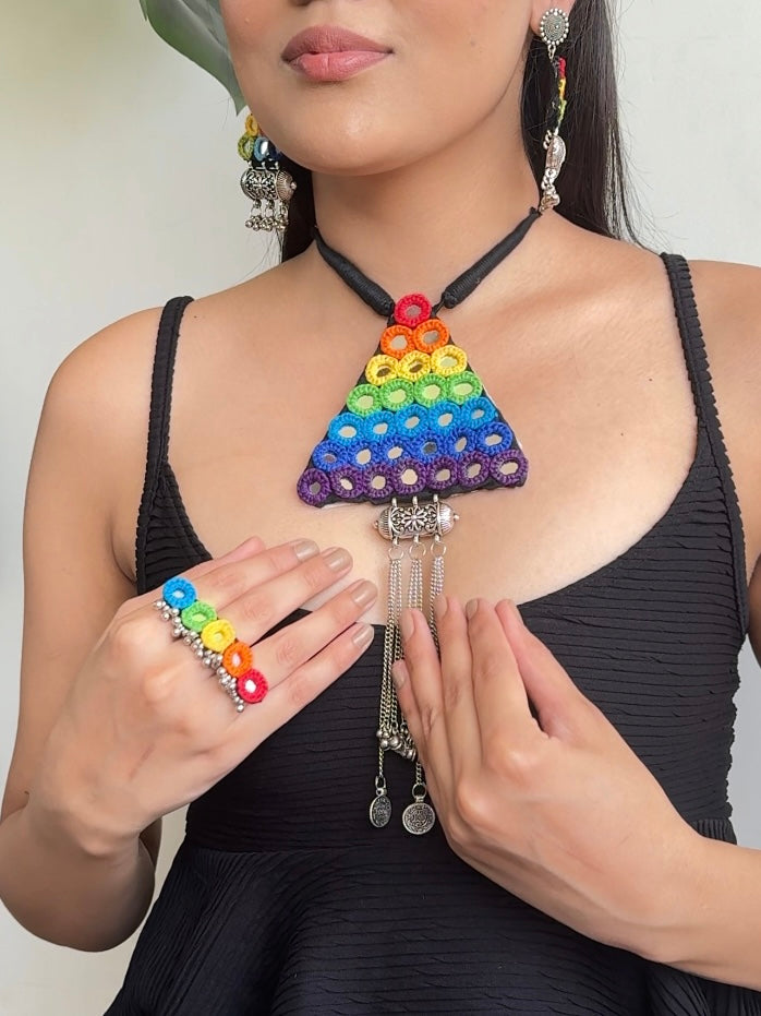 Tisha Mirrorwork Fabric Necklace + Ring + Belt + Earrings | Combo set