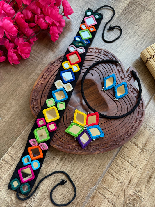 Meesha Fabric Boho Belt + Hasli + Earrings Combo