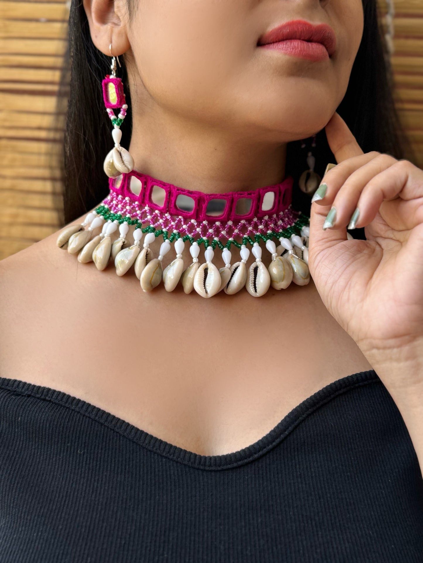 Amola Mirrorwork Fabric Choker + Earrings Set