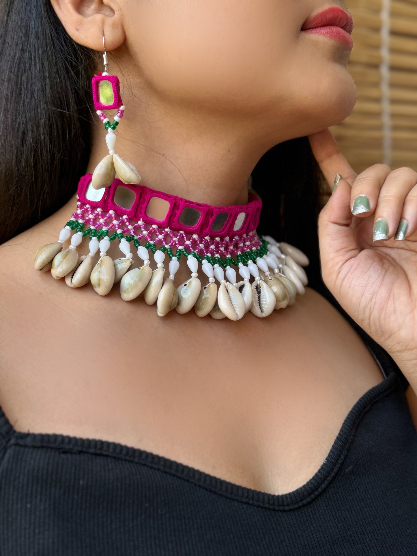 Amola Mirrorwork Fabric Choker + Earrings Set